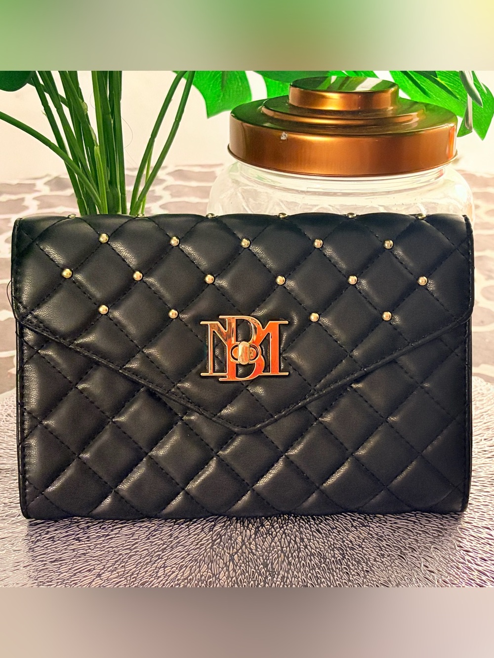 Badgley Mischka Black Quilted Studded Logo Folding Wallet Crossbody NWT